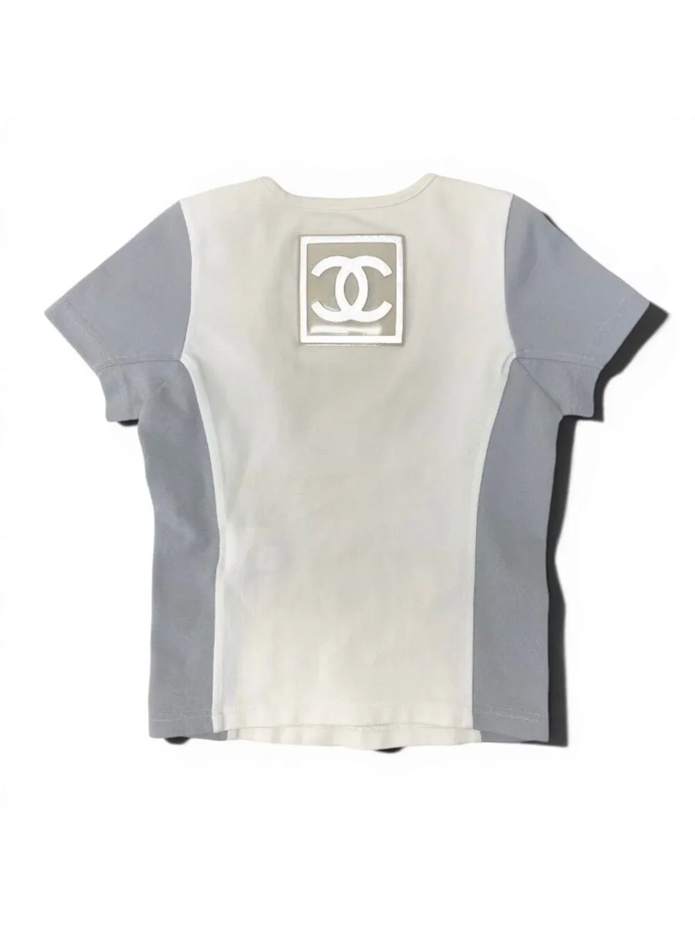 Chanel Sports Line Jumbo CC Logo Short Sleeve Top 38 Ivory Gray 100% Polyamide